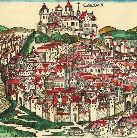 Kolorowa drzeworytnicza panorama Krakowa z czerwonymi dachami i wieżami kościołów.