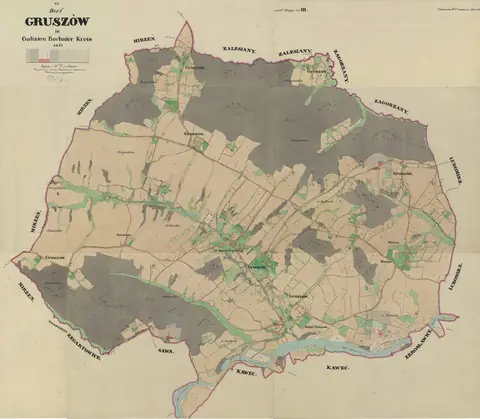 Barwna mapa katastralna wsi Gruszów z 1847 roku, z polami, drogami i lasami.